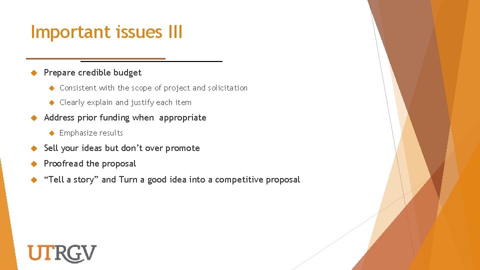 Important issues III Prepare credible budget Consistent with the scope of project and solicitation