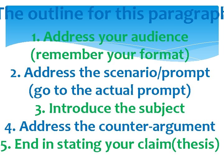 The outline for this paragraph 1. Address your audience (remember your format) 2. Address