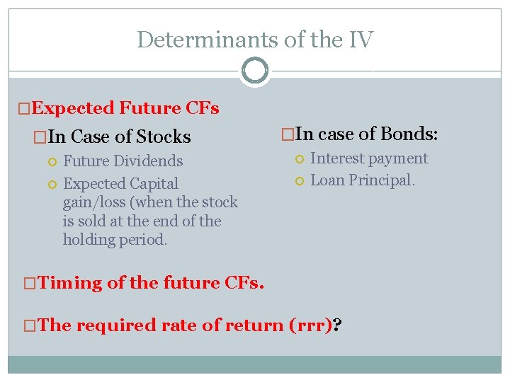 Determinants of the IV �Expected Future CFs �In Case of Stocks Future Dividends Expected