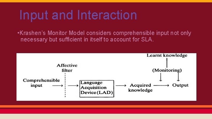 Input and Interaction • Krashen’s Monitor Model considers comprehensible input not only necessary but