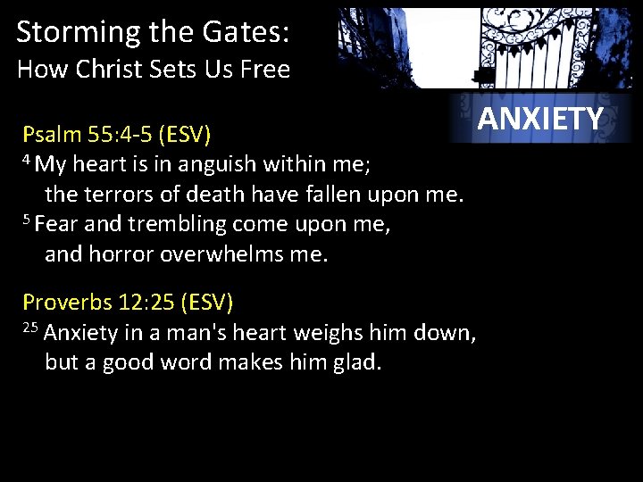 Storming the Gates: How Christ Sets Us Free Psalm 55: 4 -5 (ESV) 4