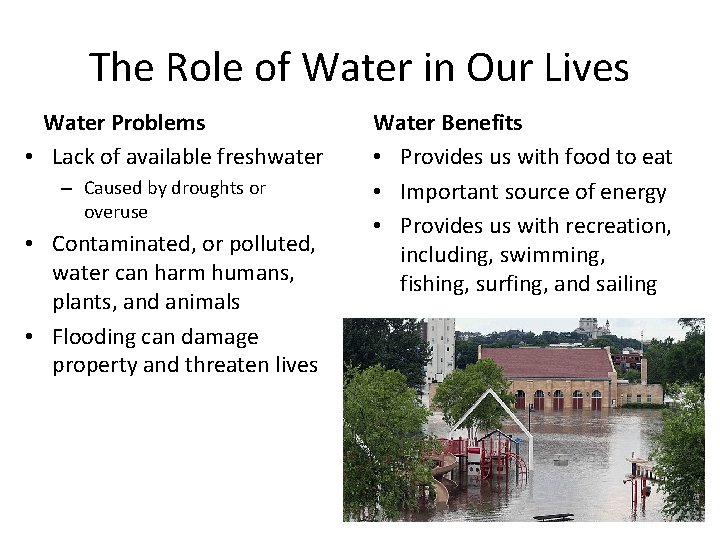 The Role of Water in Our Lives Water Problems • Lack of available freshwater