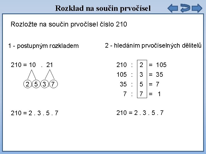 Rozklad na součin prvočísel Rozložte na součin prvočísel číslo 210 1 - postupným rozkladem
