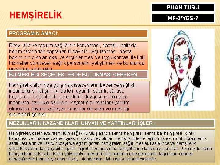 HEMŞİRELİK PUAN TÜRÜ MF-3/YGS-2 PROGRAMIN AMACI: Birey, aile ve toplum sağlığının korunması, hastalık halinde,