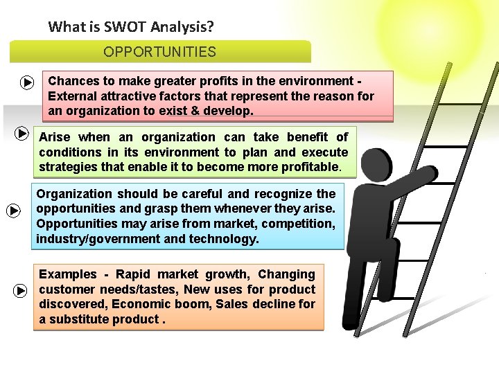 What is SWOT Analysis? OPPORTUNITIES Chances to make greater profits in the environment External