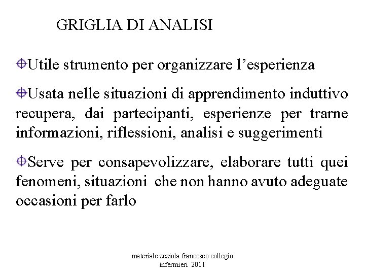 GRIGLIA DI ANALISI Utile strumento per organizzare l’esperienza Usata nelle situazioni di apprendimento induttivo