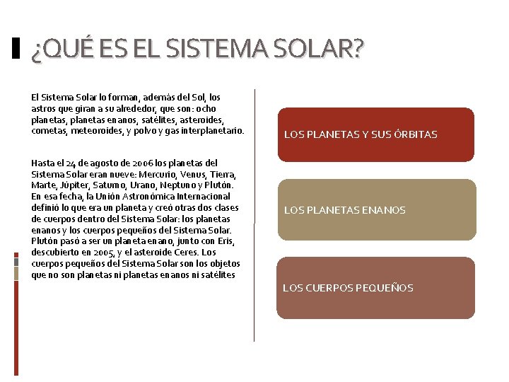 ¿QUÉ ES EL SISTEMA SOLAR? El Sistema Solar lo forman, además del Sol, los