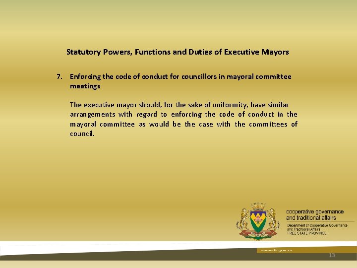 Statutory Powers, Functions and Duties of Executive Mayors 7. Enforcing the code of conduct Statutory Powers, Functions and Duties of Executive Mayors 7. Enforcing the code of conduct