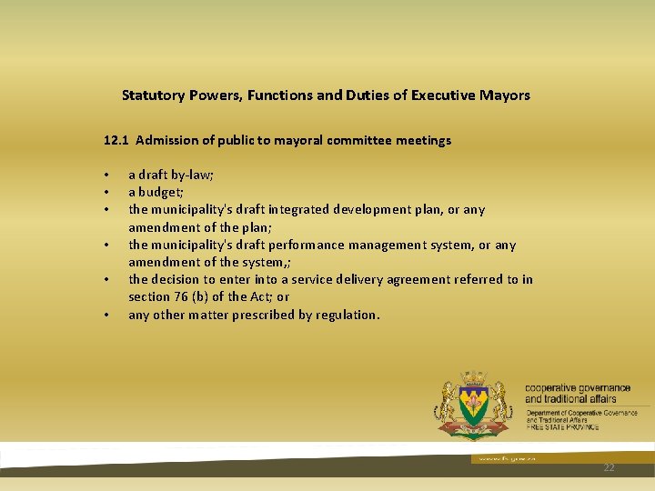 Statutory Powers, Functions and Duties of Executive Mayors 12. 1 Admission of public to Statutory Powers, Functions and Duties of Executive Mayors 12. 1 Admission of public to