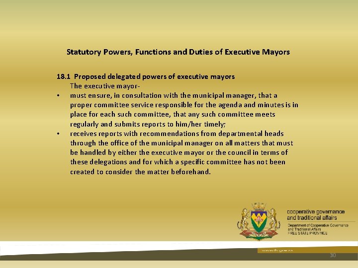 Statutory Powers, Functions and Duties of Executive Mayors 18. 1 Proposed delegated powers of Statutory Powers, Functions and Duties of Executive Mayors 18. 1 Proposed delegated powers of