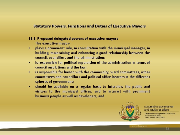 Statutory Powers, Functions and Duties of Executive Mayors 18. 3 Proposed delegated powers of Statutory Powers, Functions and Duties of Executive Mayors 18. 3 Proposed delegated powers of