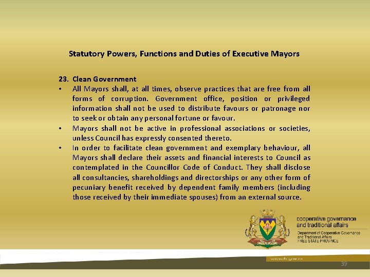 Statutory Powers, Functions and Duties of Executive Mayors 23. Clean Government • All Mayors Statutory Powers, Functions and Duties of Executive Mayors 23. Clean Government • All Mayors