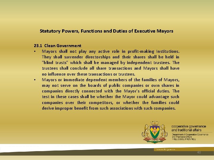 Statutory Powers, Functions and Duties of Executive Mayors 23. 1 Clean Government • Mayors Statutory Powers, Functions and Duties of Executive Mayors 23. 1 Clean Government • Mayors