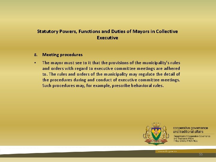Statutory Powers, Functions and Duties of Mayors in Collective Executive 8. Meeting procedures • Statutory Powers, Functions and Duties of Mayors in Collective Executive 8. Meeting procedures •