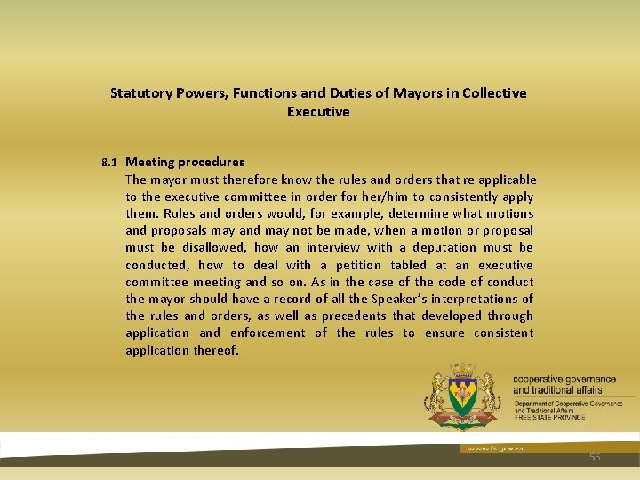 Statutory Powers, Functions and Duties of Mayors in Collective Executive 8. 1 Meeting procedures Statutory Powers, Functions and Duties of Mayors in Collective Executive 8. 1 Meeting procedures