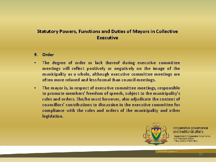 Statutory Powers, Functions and Duties of Mayors in Collective Executive 9. Order • The Statutory Powers, Functions and Duties of Mayors in Collective Executive 9. Order • The