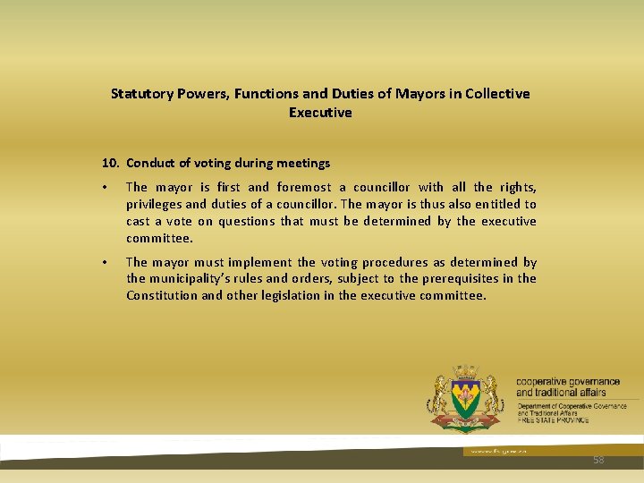 Statutory Powers, Functions and Duties of Mayors in Collective Executive 10. Conduct of voting Statutory Powers, Functions and Duties of Mayors in Collective Executive 10. Conduct of voting