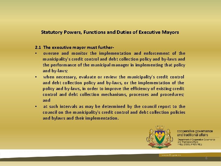 Statutory Powers, Functions and Duties of Executive Mayors 2. 1 The executive mayor must Statutory Powers, Functions and Duties of Executive Mayors 2. 1 The executive mayor must