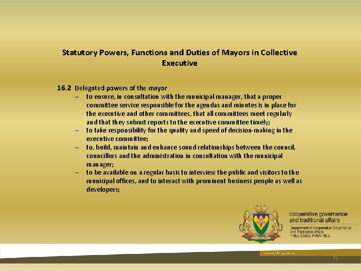 Statutory Powers, Functions and Duties of Mayors in Collective Executive 16. 2 Delegated powers Statutory Powers, Functions and Duties of Mayors in Collective Executive 16. 2 Delegated powers