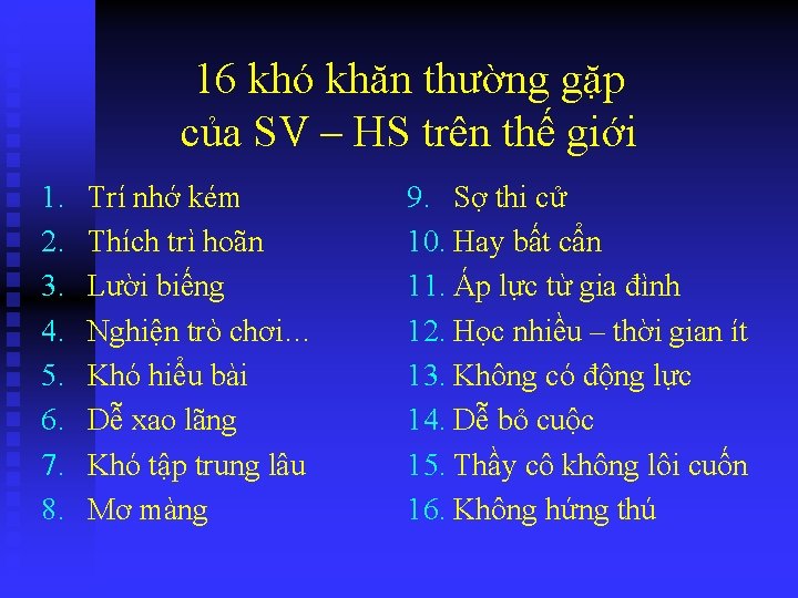 16 khó khăn thường gặp của SV – HS trên thế giới 1. 2.