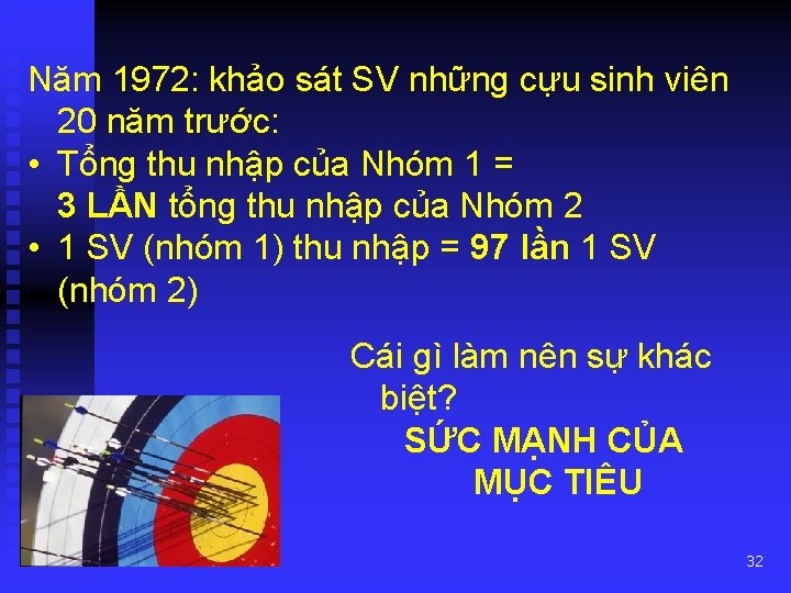 Năm 1972: khảo sát SV những cựu sinh viên 20 năm trước: • Tổng