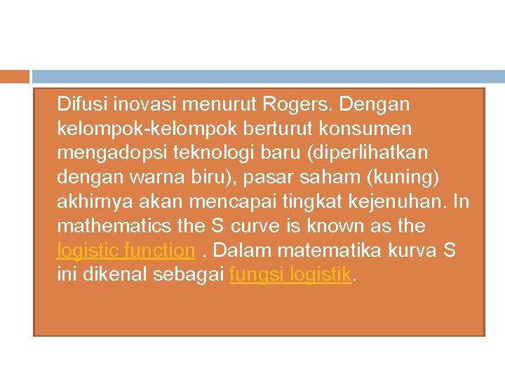  Difusi inovasi menurut Rogers. Dengan kelompok-kelompok berturut konsumen mengadopsi teknologi baru (diperlihatkan dengan