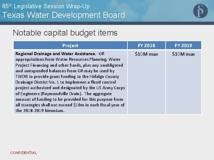 85 th Legislative Session Wrap-Up Texas Water Development Board Notable capital budget items Project