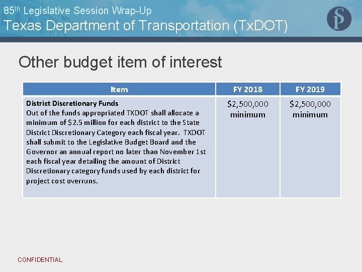 85 th Legislative Session Wrap-Up Texas Department of Transportation (Tx. DOT) Other budget item