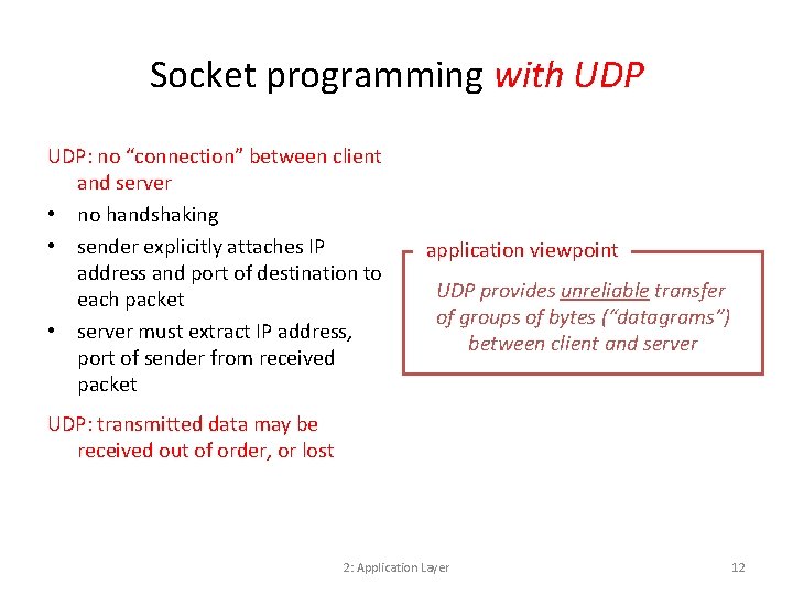 Socket programming with UDP: no “connection” between client and server • no handshaking •