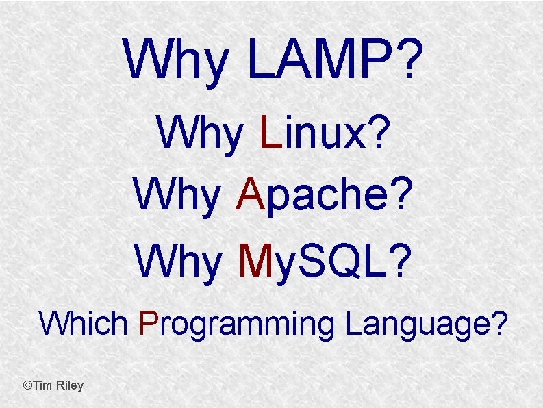 Why LAMP? Why Linux? Why Apache? Why My. SQL? Which Programming Language? ©Tim Riley