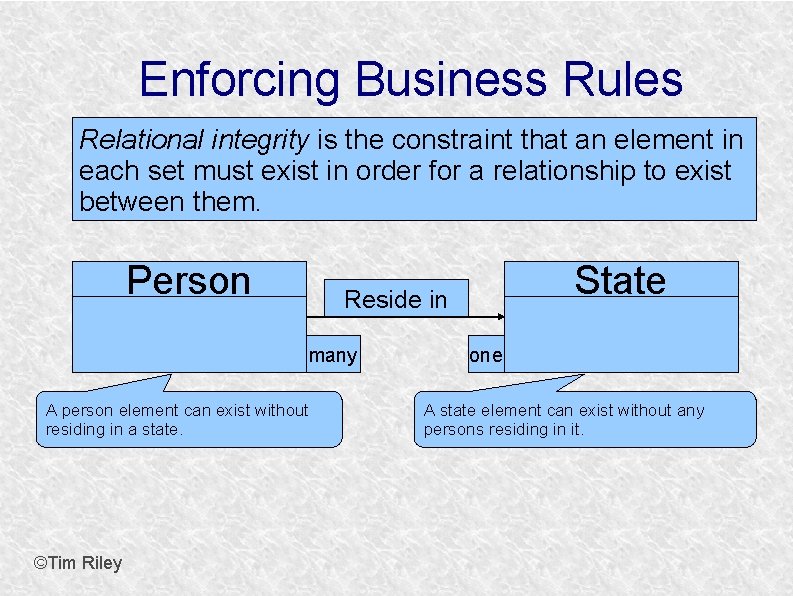 Enforcing Business Rules Relational integrity is the constraint that an element in each set