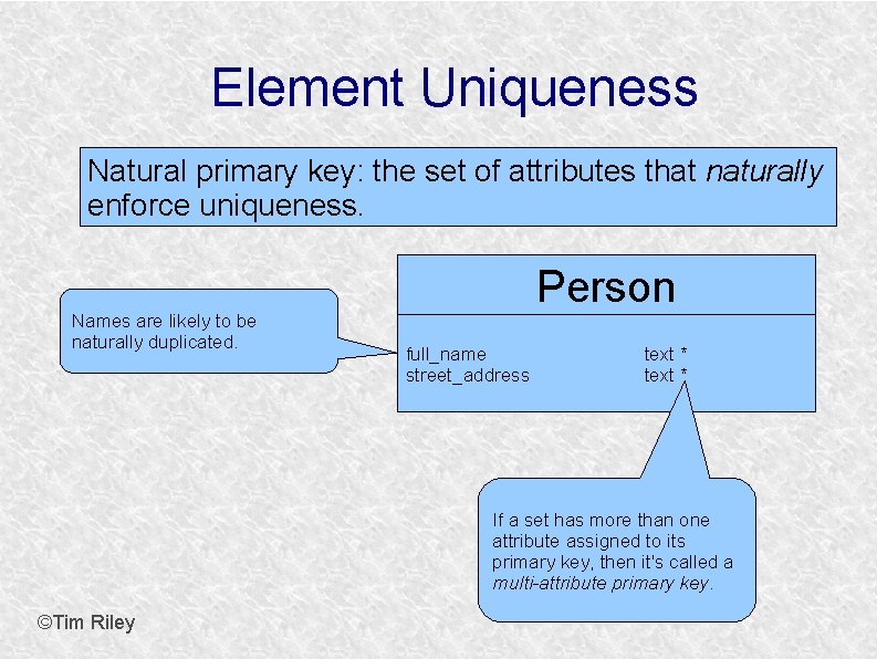 Element Uniqueness Natural primary key: the set of attributes that naturally enforce uniqueness. Names