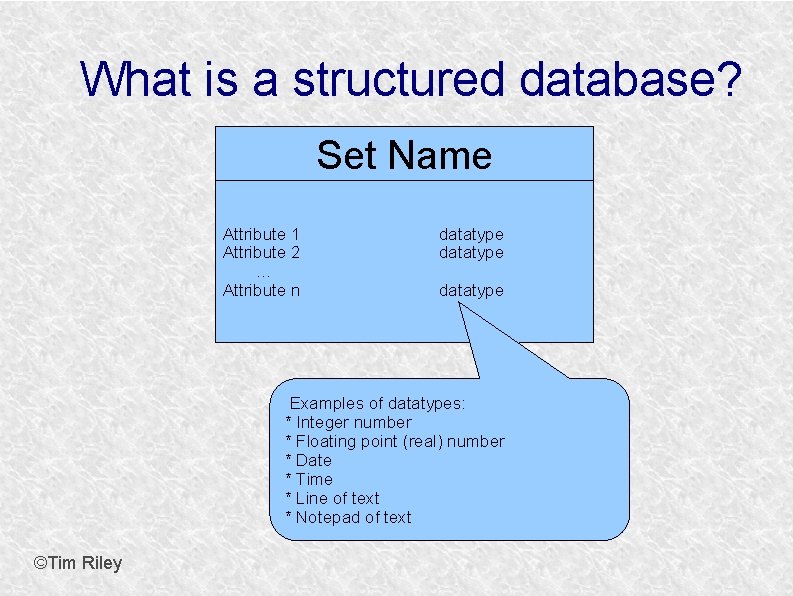 What is a structured database? Set Name Attribute 1 Attribute 2 … Attribute n