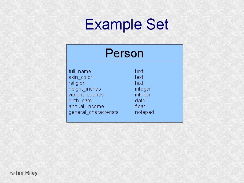 Example Set Person full_name skin_color religion height_inches weight_pounds birth_date annual_income general_characterists ©Tim Riley text