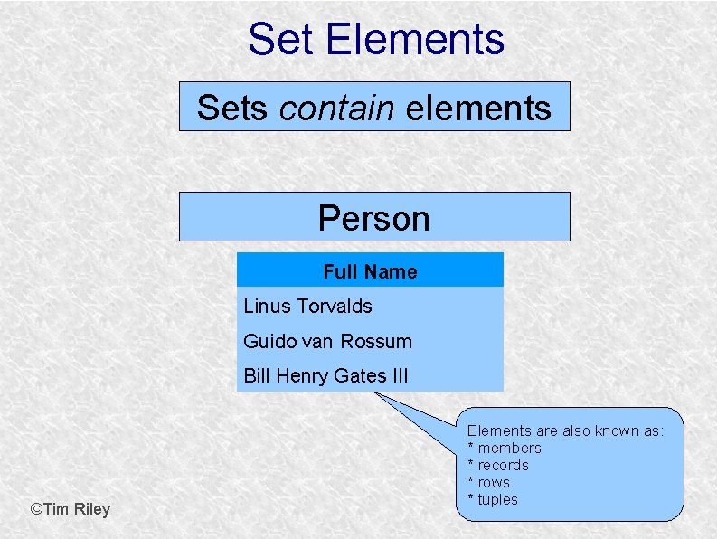 Set Elements Sets contain elements Person Full Name Linus Torvalds Guido van Rossum Bill