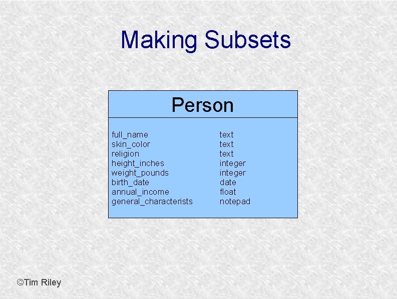 Making Subsets Person full_name skin_color religion height_inches weight_pounds birth_date annual_income general_characterists ©Tim Riley text