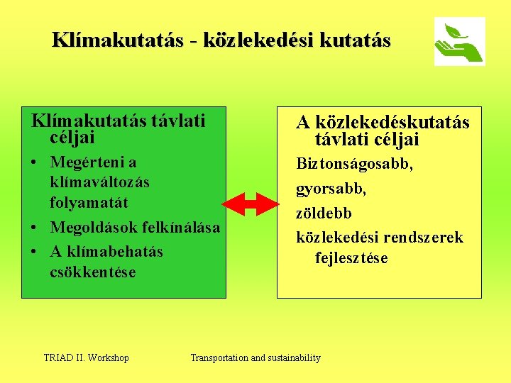 Klímakutatás - közlekedési kutatás Klímakutatás távlati céljai A közlekedéskutatás távlati céljai • Megérteni a