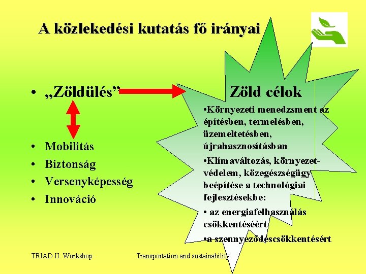 A közlekedési kutatás fő irányai • „Zöldülés” • • Mobilitás Biztonság Versenyképesség Innováció TRIAD