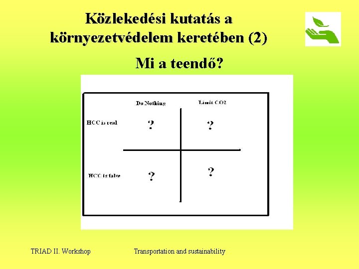 Közlekedési kutatás a környezetvédelem keretében (2) Mi a teendő? TRIAD II. Workshop Transportation and