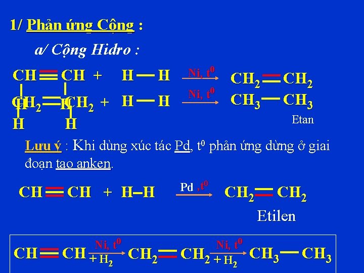 1/ Phản ứng Cộng : a/ Cộng Hidro : CH CH + H H