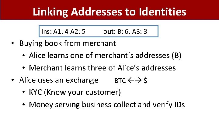 Linking Addresses to Identities Ins: A 1: 4 A 2: 5 out: B: 6,