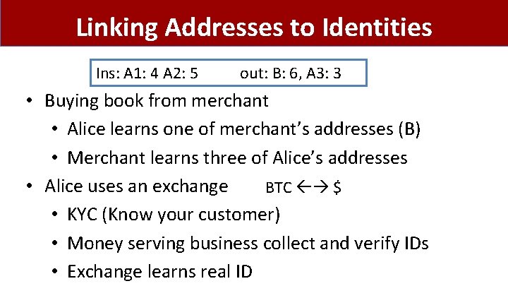 Linking Addresses to Identities Ins: A 1: 4 A 2: 5 out: B: 6,