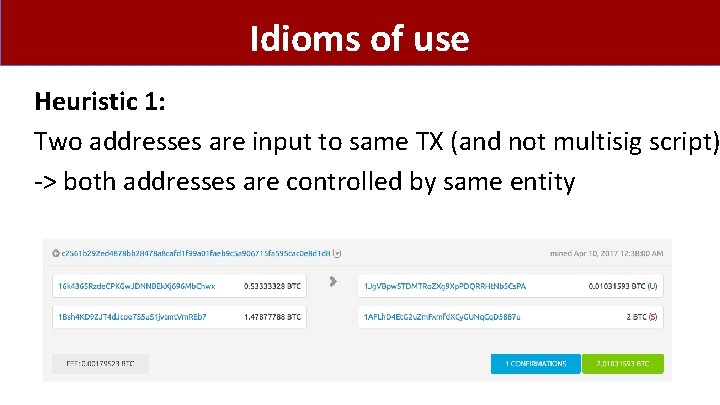 Idioms of use Heuristic 1: Two addresses are input to same TX (and not