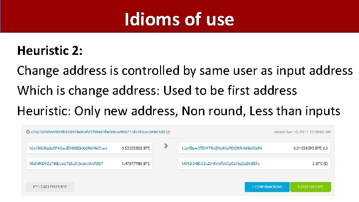 Idioms of use Heuristic 2: Change address is controlled by same user as input