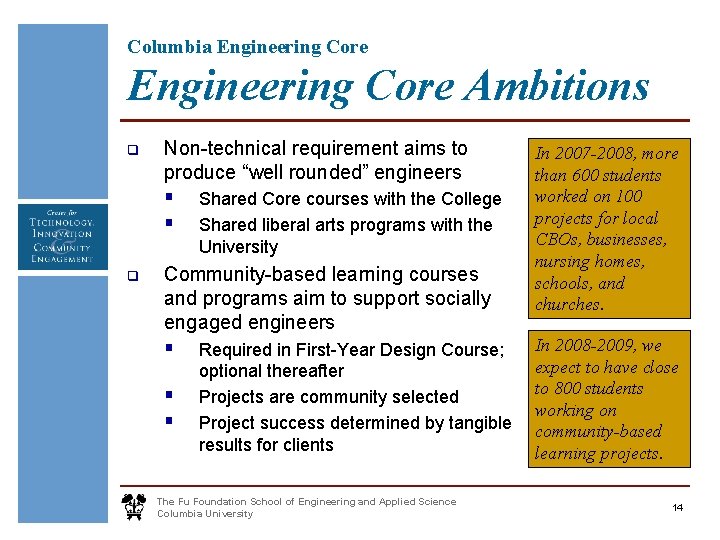 Columbia Engineering Core Ambitions q Non-technical requirement aims to produce “well rounded” engineers §