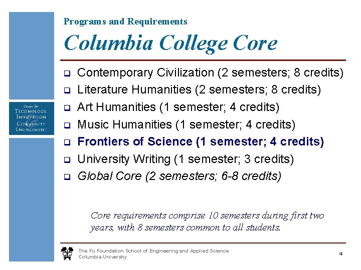 Programs and Requirements Columbia College Core q q q q Contemporary Civilization (2 semesters;