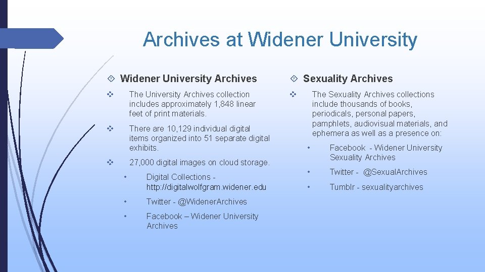 Archives at Widener University Archives Sexuality Archives v The University Archives collection includes approximately
