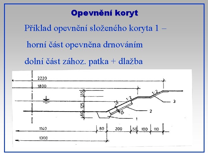 Opevnění koryt Příklad opevnění složeného koryta 1 – horní část opevněna drnováním dolní část