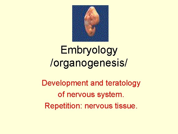 Embryology /organogenesis/ Development and teratology of nervous system. Repetition: nervous tissue. 