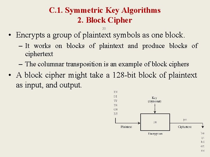 C. 1. Symmetric Key Algorithms 2. Block Cipher 20 • Encrypts a group of